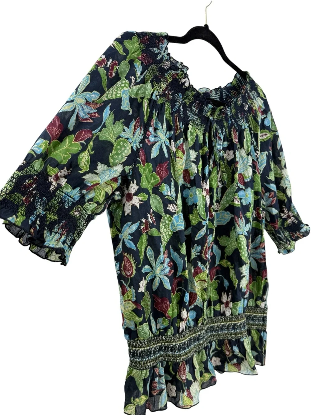 Tory Burch Floral Smocked Off Shoulder Cottage Blouse Cactus Print Navy Size 10